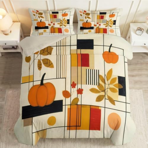 King Duvet Cover Set Geometric Grid Autumn Pumpkin Bedding with