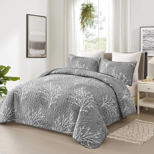 DJY Grey Quilt Set King Size - Branch Botanical Bedspread Coverlet Set