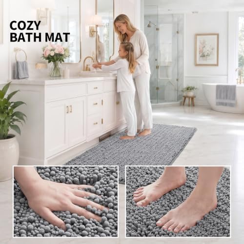 ILANGO Bathroom Rugs Light Grey 60x24, Soft Absorbent Chenille Bath