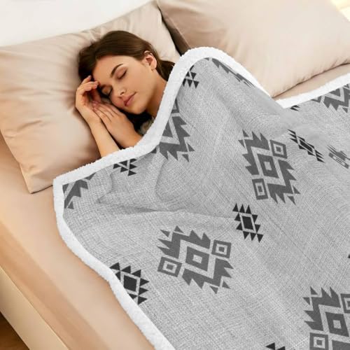 Fleece Sherpa Bed Blankets, Grey Boho Microfiber Plush Flannel Throw