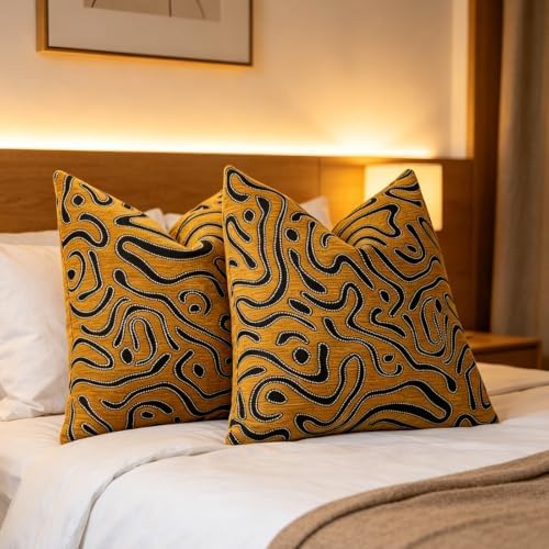 Set of 2 Fall Mustard Yellow Chenille Abstract Swirl Throw Pillow