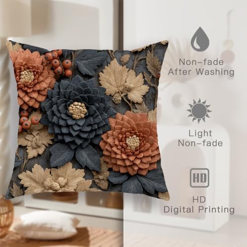 Autumn Floral Throw Pillow Covers Set of 2, Rust Red and Navy Blue