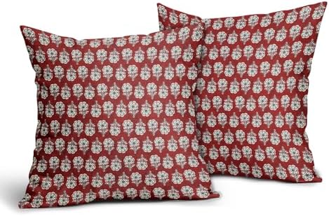 Floral Pillow Covers 18x18 Inch Set of 2 Dark Red Flowers Block Print