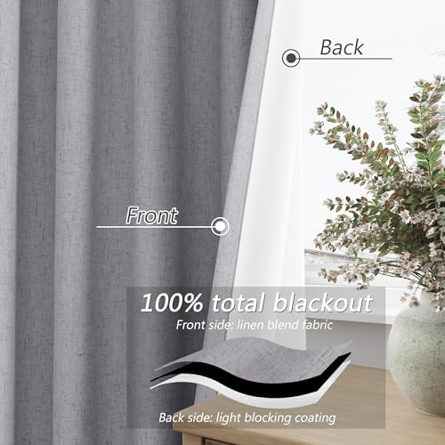 Guken Extra Long 100% Blackout Grey Linen Curtains 120 Inches for