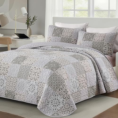 Dobuyly Queen Size Quilt Set Boho Grey Beige Plaid Patchwork