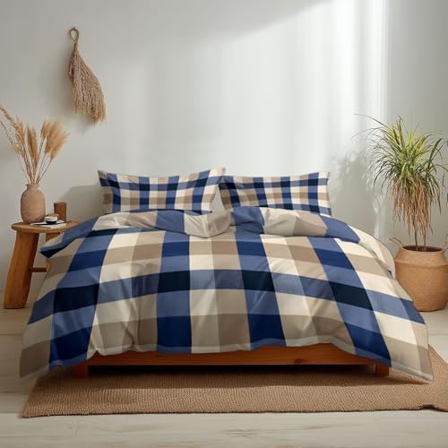 Minimalist Style Reversible Duvet Cover Set King Size, Geometric Grid