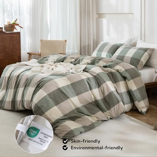 MILDLY Beige & Green Plaid Duvet Cover Set with Dual Zipper 8 Corner