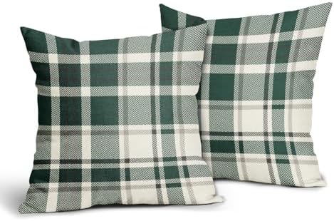 Christmas Plaid Pillow Covers 22x22 Set of 2 Forest Green Grey Buffalo