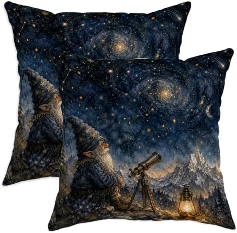 Gnome Throw Pillow Covers Set of 2, Fantasy Fanciful Telescope