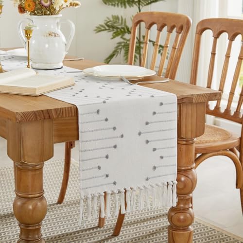 Wracra Boho Table Runner, Grey Woven Table Runners 72 Inches Long