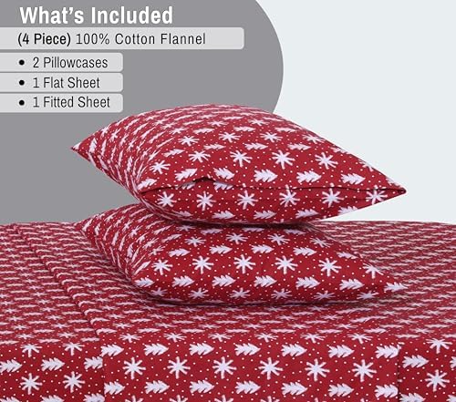 RUVANTI 100% Cotton Flannel Sheets King Size, 4 PCs, Red Christmas