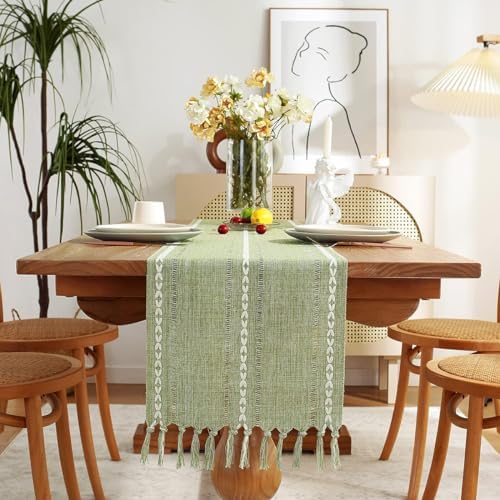 Wracra Rustic Linen Table Runner, Sage Green Table Runners 90 inches