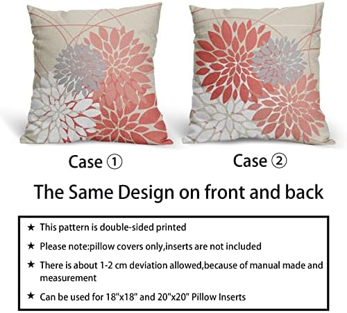 Coral Pillow Covers 18x18 Inch Dahlia Flower Dark and light Coral Pink