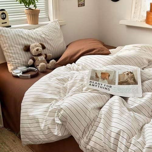 MKXI Twin XL Size Beige Brown Striped Duvet Cover Set - 3 Piece