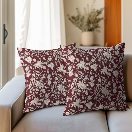 Wine Red Floral Block Print Throw Pillow Covers 18x18 Inch Set of 2