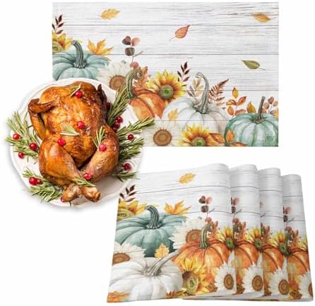 Placemats Set of 8, Thanksgiving Fall Pumpkin Harvest Washable Table