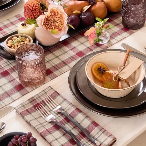 Solino Home 100% Pure Linen Table Runner Plaid, Almond Plaid