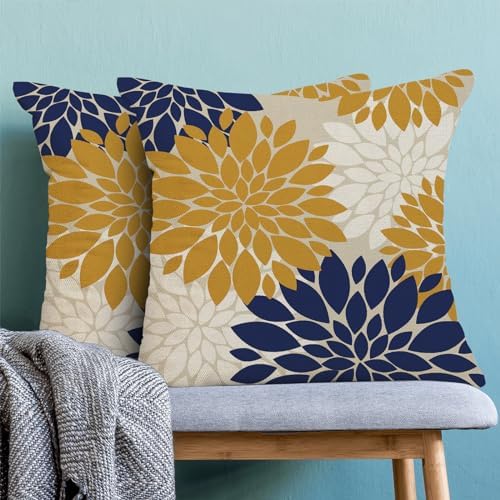 Mustard Yellow Navy Blue Pillow Covers 18x18 Inch Set of 2 White