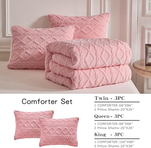 Joyreap 3-Piece Fluffy Faux Fur Sherpa Comforter Set Pink, Queen Size
