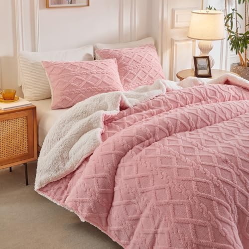 Joyreap 3-Piece Fluffy Faux Fur Sherpa Comforter Set Pink, Queen Size