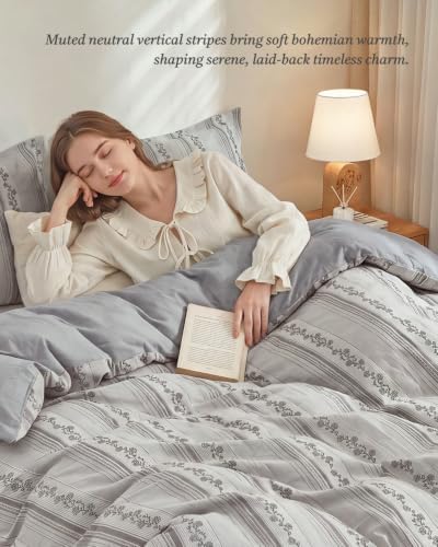 Bailix Floral Striped Duvet Cover Set Queen Size, 100% Washed Cotton
