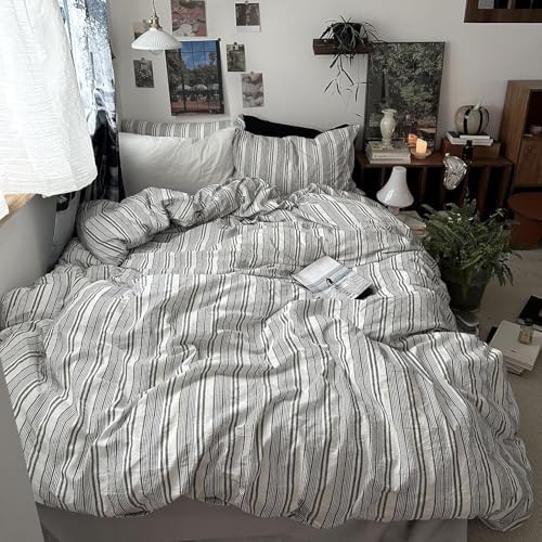 mixinni Vintage Gray & White Striped Duvet Cover Set - 3 Piece 100%