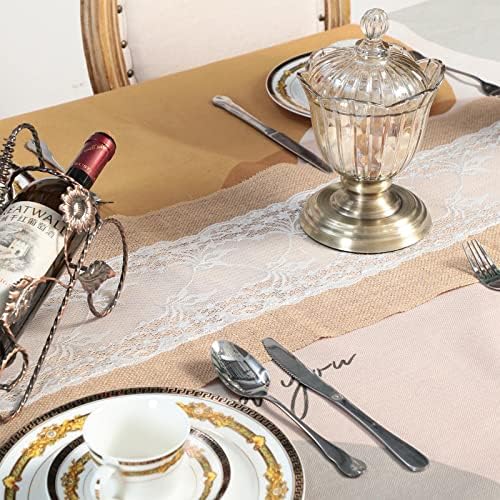 Shimeyao 12 Pcs Burlap Table Runners White Lace 11.8 x 70.9 Inch
