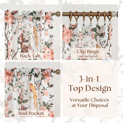Beige White Floral Bird Linen Curtains 63 Inch 2 Panels for Living