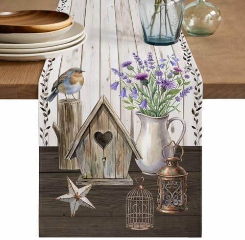 Floral Vases Table Runner 120 inches Long Vintage Birds Cages
