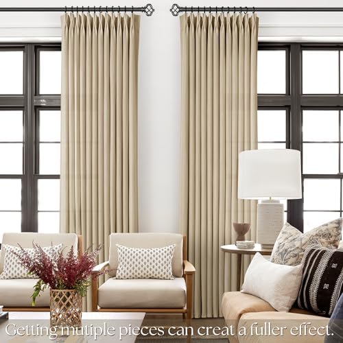 Tan Pinch Pleated Linen Curtains 84 inches Long 2 Panel Set for Living