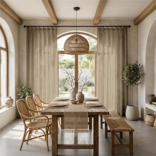 Pinch Pleated Linen Texture Semi Sheer Curtains Oatmeal 84 in Long