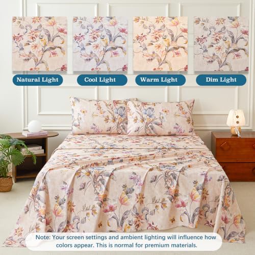 Beige Floral Bed Sheets Set King 100% Brushed Cotton Flannel-Like