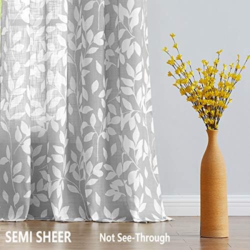 Grey Semi Sheer Leaf Curtains 52x63" Semi Sheer Panels Privacy Drapes