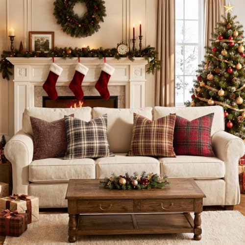 MIULEE Tartan Plaid Throw Pillow Covers Fall 20x20 Inch Reddish Brown