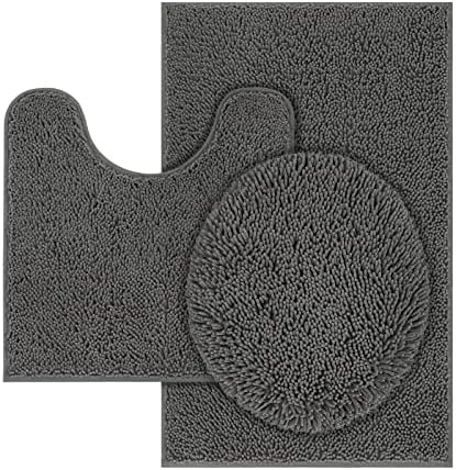 Bathroom Rugs 3 Sets, Non Slip Washable Chenille Bath Mat, Charcoal
