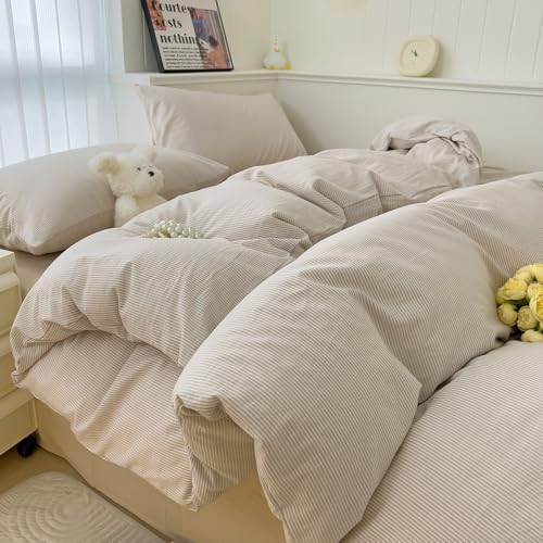 mixinni Tan Striped Duvet Cover Full Size - 100% Washed Cotton Beige