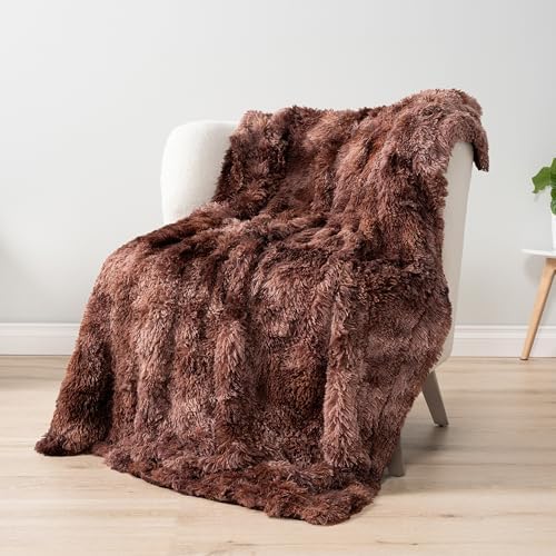 PAVILIA Tie Dye Brown Fluffy Fuzzy Faux Fur Twin Blanket Couch Bed