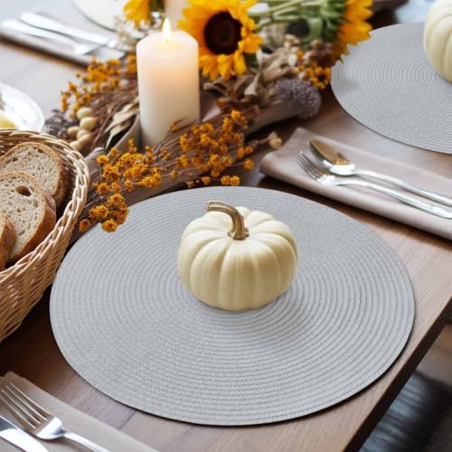 Silver Gray 15 Inch Round Placemats Set of 6, Boho Light Gray Solid