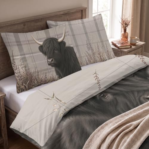 Highland Cow Duvet Cover Set King 104x90, Black Plaid Bedding