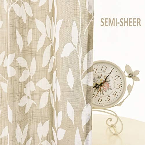 Leaf Print Semi Sheer Curtains 52x95" Taupe White Bedroom Window