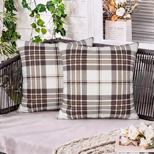 Pyonic Brown Plaid Outdoor Pillow Covers 18X18 Inch Waterproof Fall