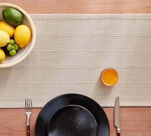 ZeeMart Linen Checked Farmhouse Table Runner, 13x36 Inches Neutral