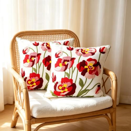 Embroidered Throw Pillow Cover 2PCS 18x18 Inch Floral Cotton Pillow
