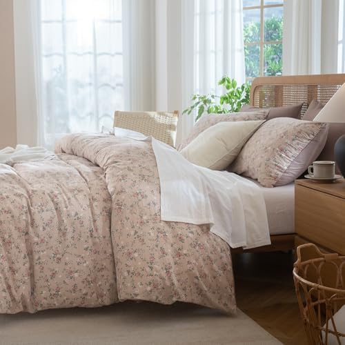 Floral Duvet Cover Queen Size - 3 Pieces Brushed Microfiber Crinkle