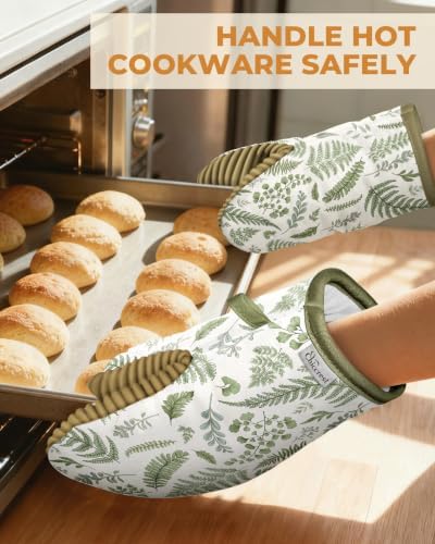 100% Thick Cotton Oven Mitts Ribbed Soft Silicone Natural Leaf
