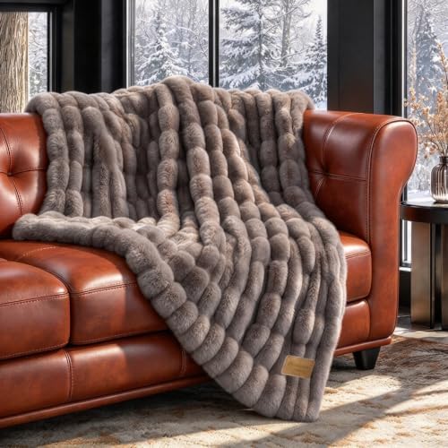 Double-Sided Faux Fur Throw Blanket,50"x60", 80"x90", Dune Brown