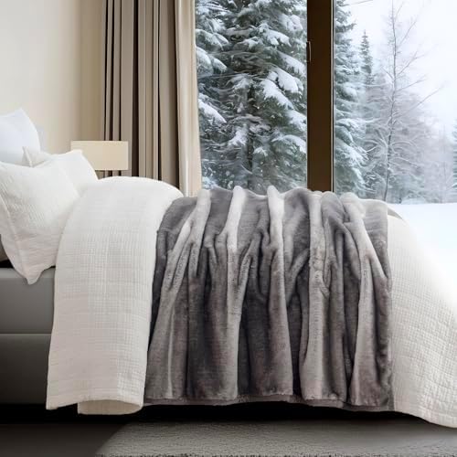 EVERGRACEHOME Mink Faux Fur Throw Blanket, Ombré Silver Onyx, 60"x80"