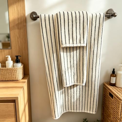 Black Striped Bath Towels Set Cotton for Bathroom Shower Decor 6 PCS