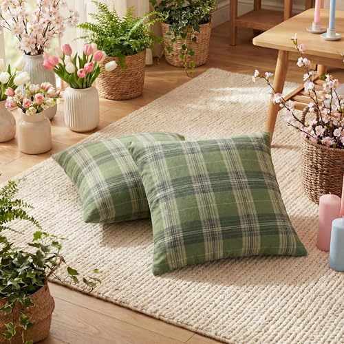 AVOIN colorlife Spring Summer Green Khaki Plaid Decorative Throw