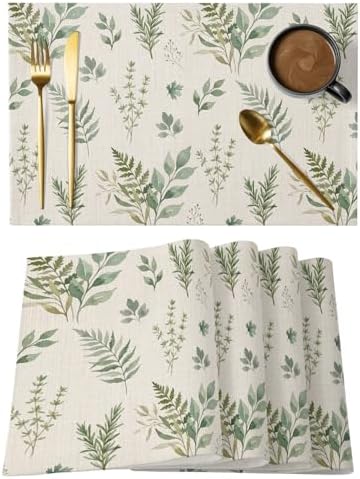 Placemats Set of 8, Green Botanical Woven Placemat, Linen Place Mats
